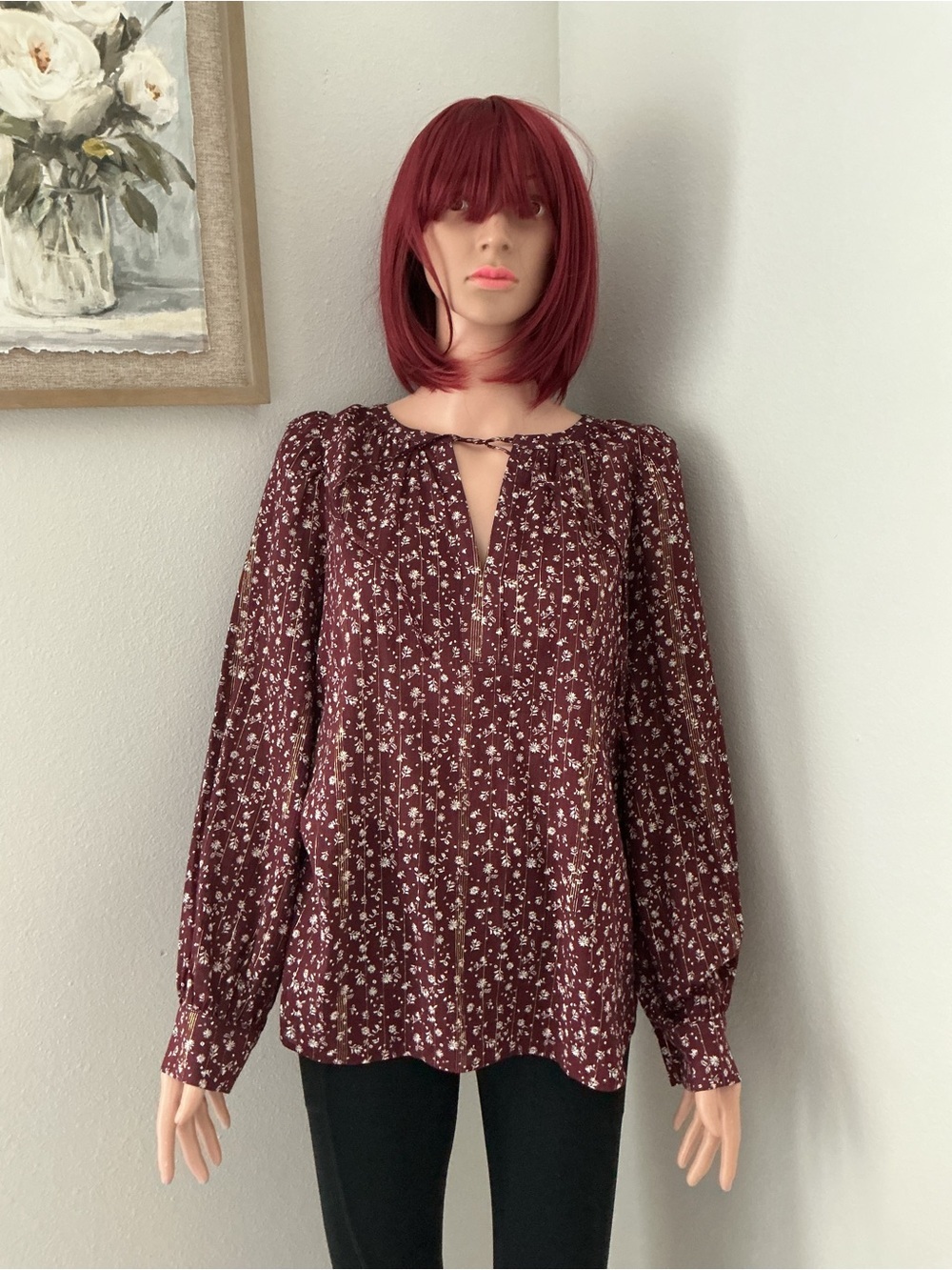 LOFT Burgundy Floral Keyhole Blouse
